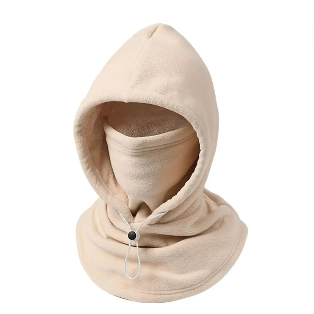 A beige fleece hooded neck warmer balaclava with a built-in face mask and a small black button with a white cord pull, shown on a plain white background.