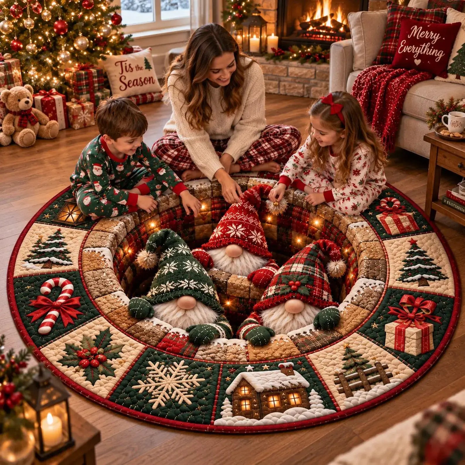 A round Christmas-themed area rug with gnomes and holiday motifs, shown in a cozy living room with a woman and two children sitting on the floor around it. The rug features green, red, beige, and brown tones with lights and festive details.