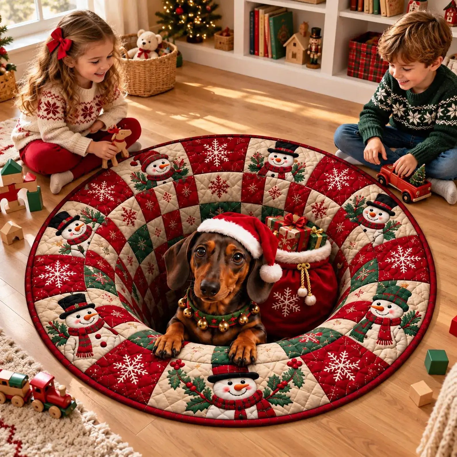 A round Christmas-themed pet play mat with a dachshund sitting inside, surrounded by two children playing with toy cars in a cozy room.