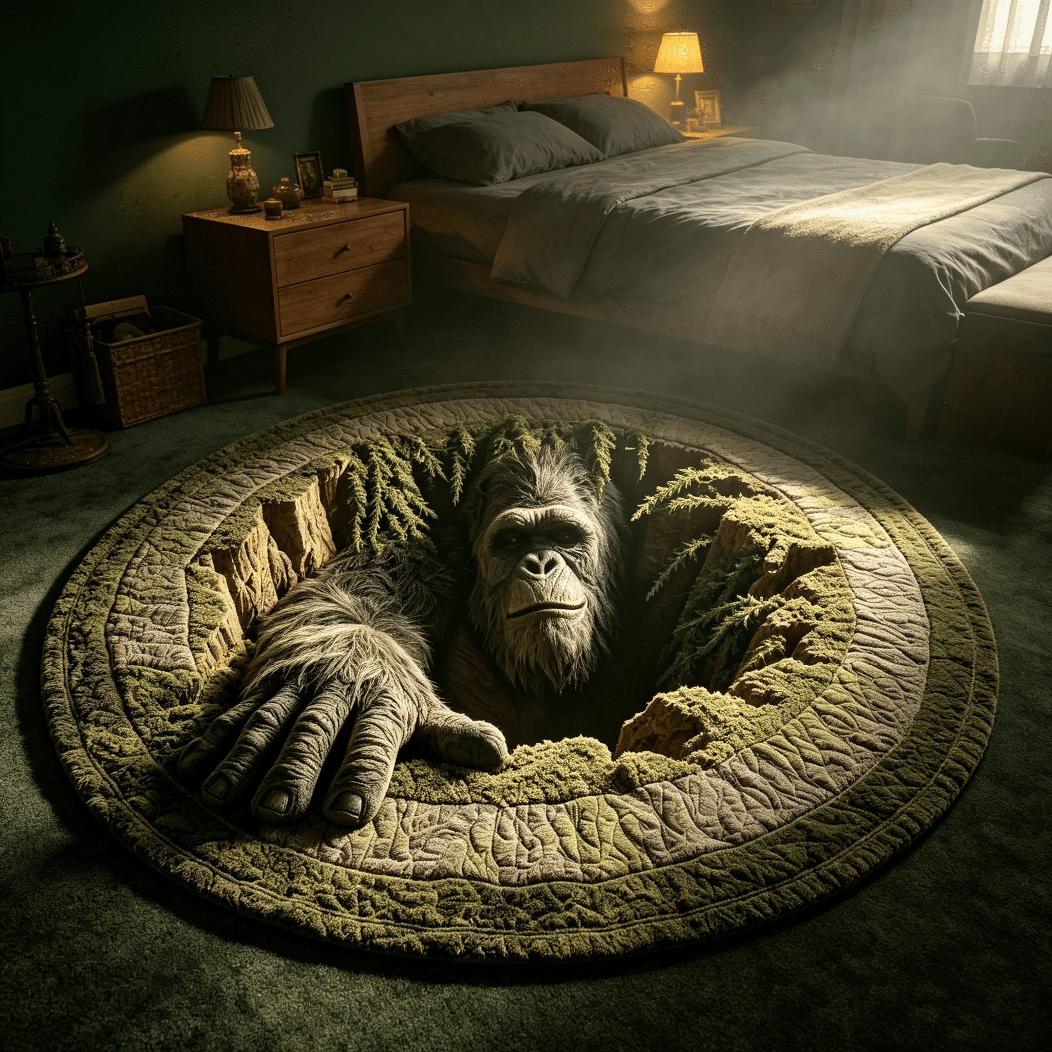 Bigfoot Underground Hole 3D Illusion Round Rug