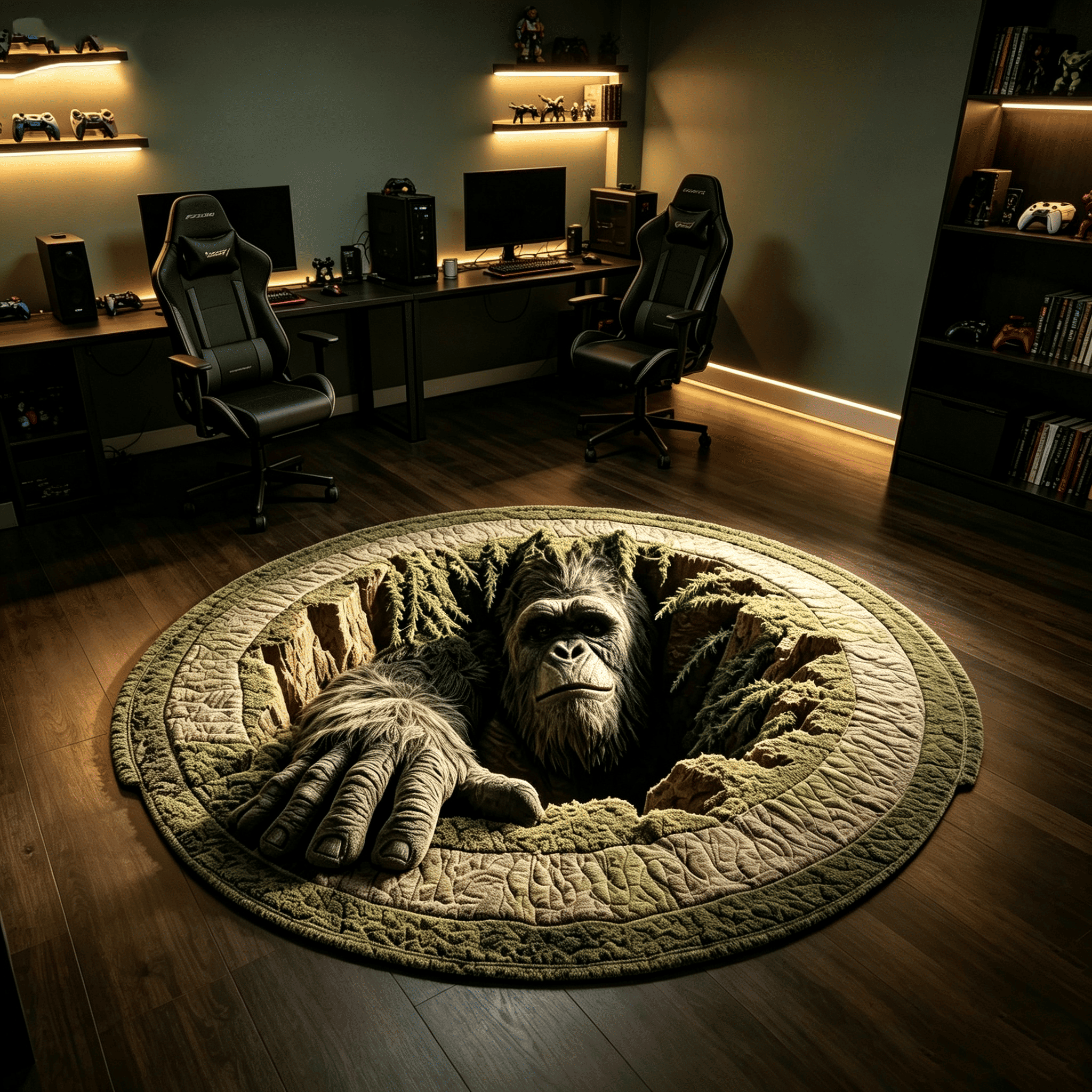 Bigfoot Underground Hole 3D Illusion Round Rug