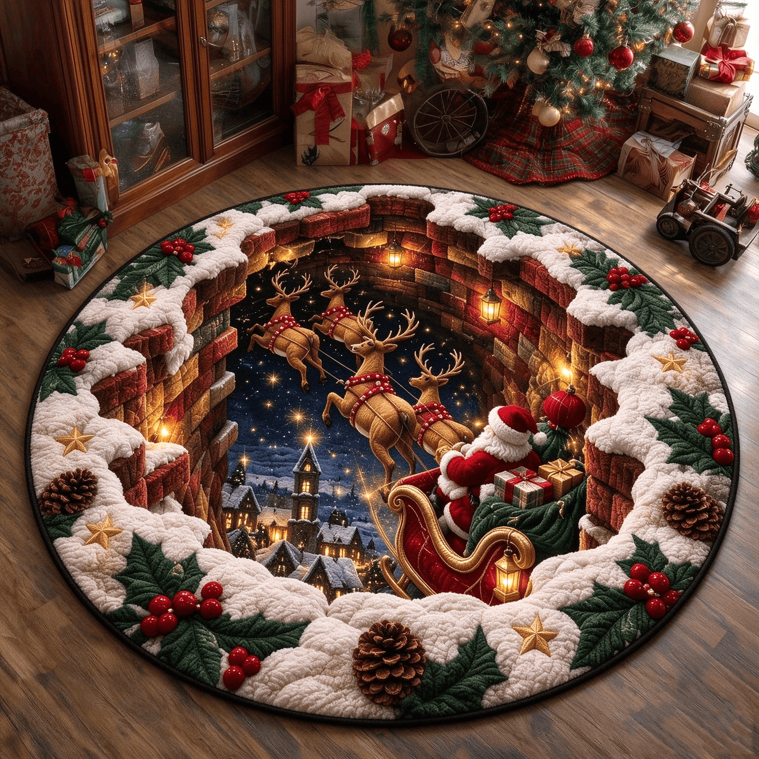 Christmas Santa Sleigh Round Rug
