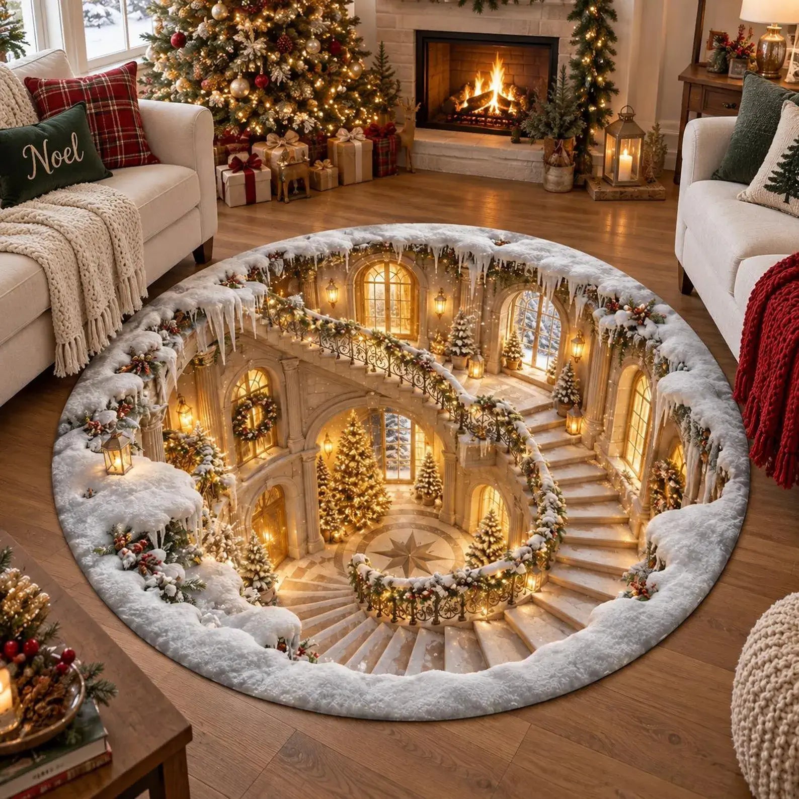 A large round area rug featuring a detailed Christmas-themed illustration of an icy grand staircase with snow, warm lights, and decorated trees, shown in a decorated living room setting.