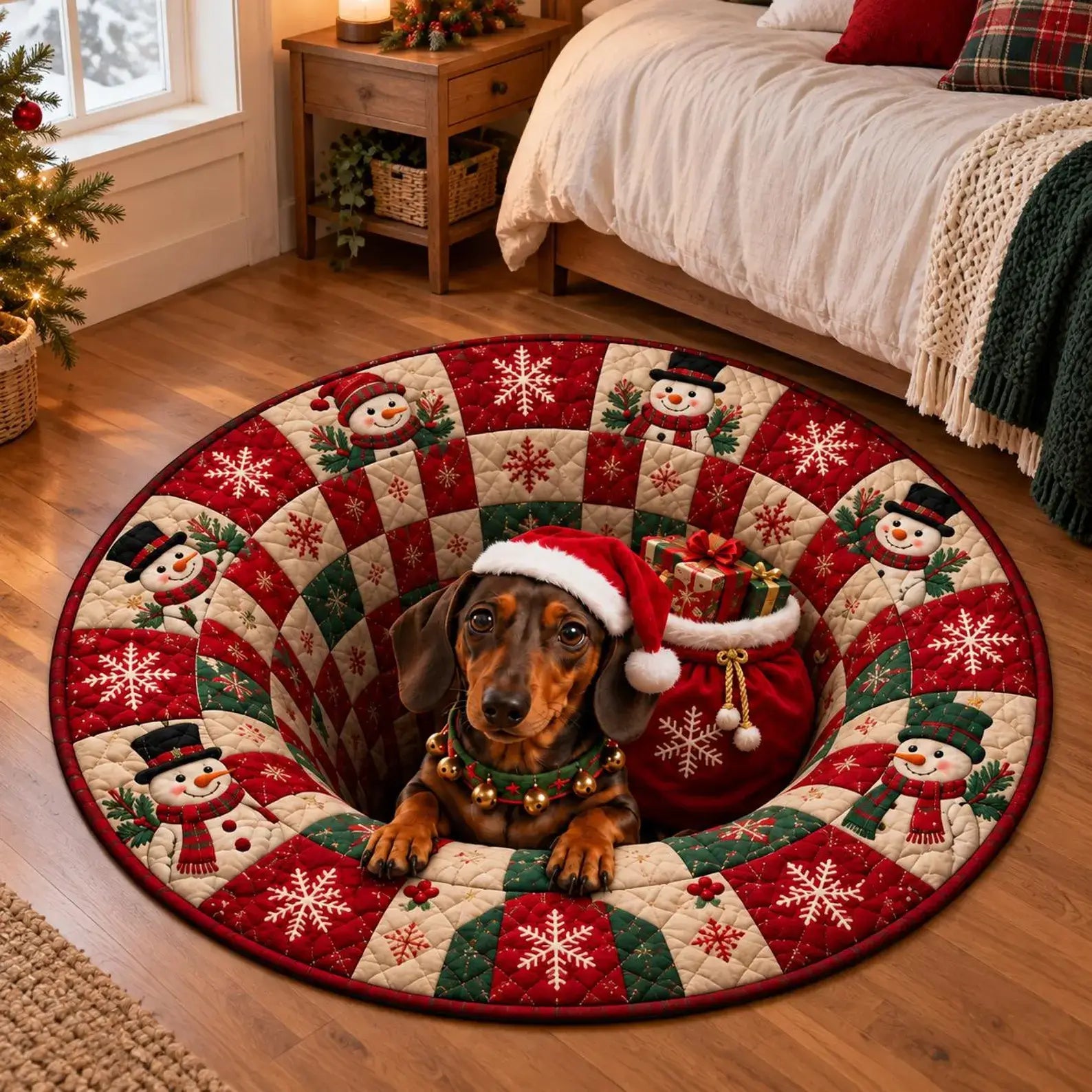 A round Christmas-themed dog bed rug with a donut-shaped center hole, featuring a quilted pattern of red, green, and cream snowflakes and snowmen. A dachshund wearing a Santa hat sits inside the hole next to a red Christmas sack, in a cozy bedroom setting.