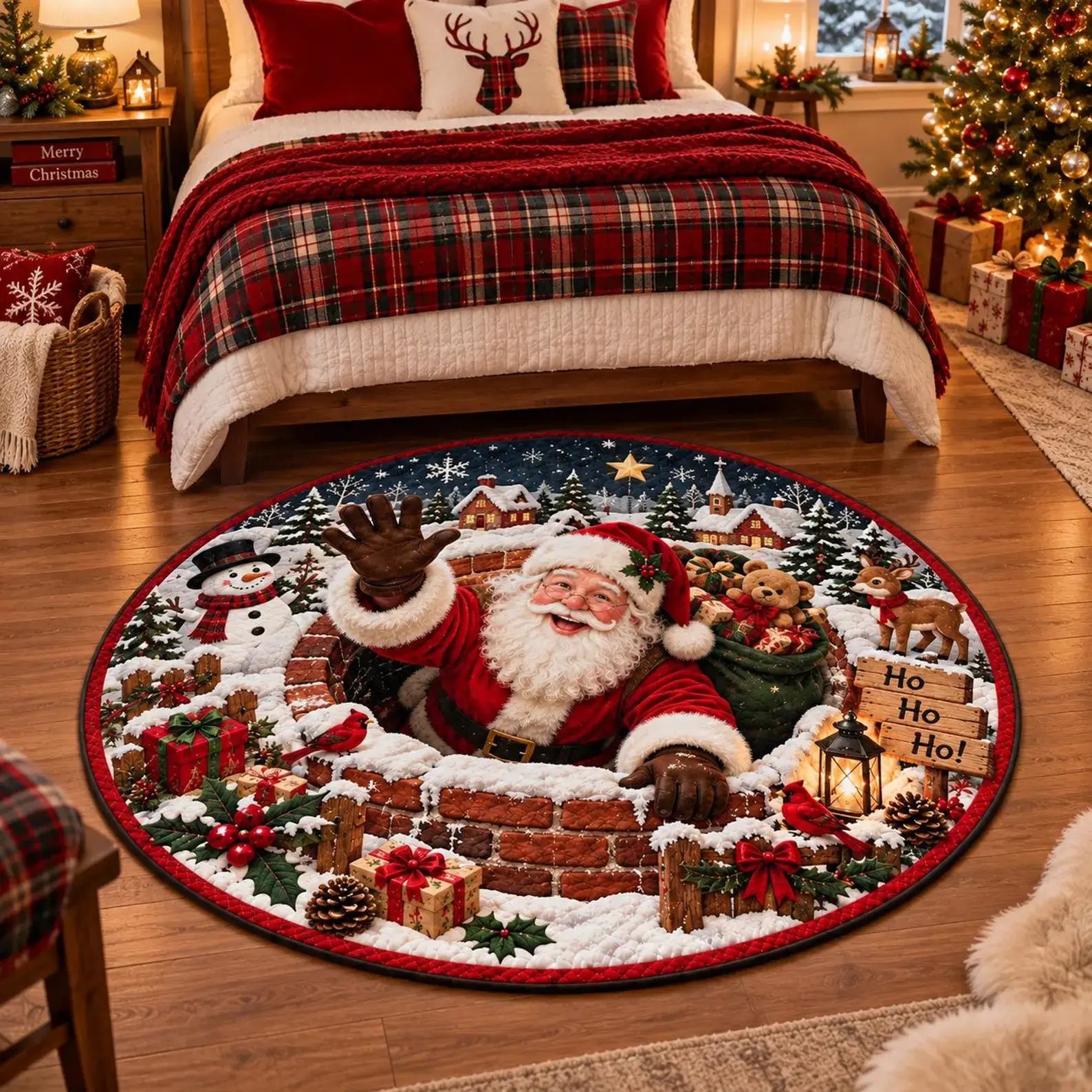 A round Christmas-themed area rug featuring Santa Claus waving from a snowy brick chimney, displayed on a wooden floor in a cozy, decorated bedroom setting.