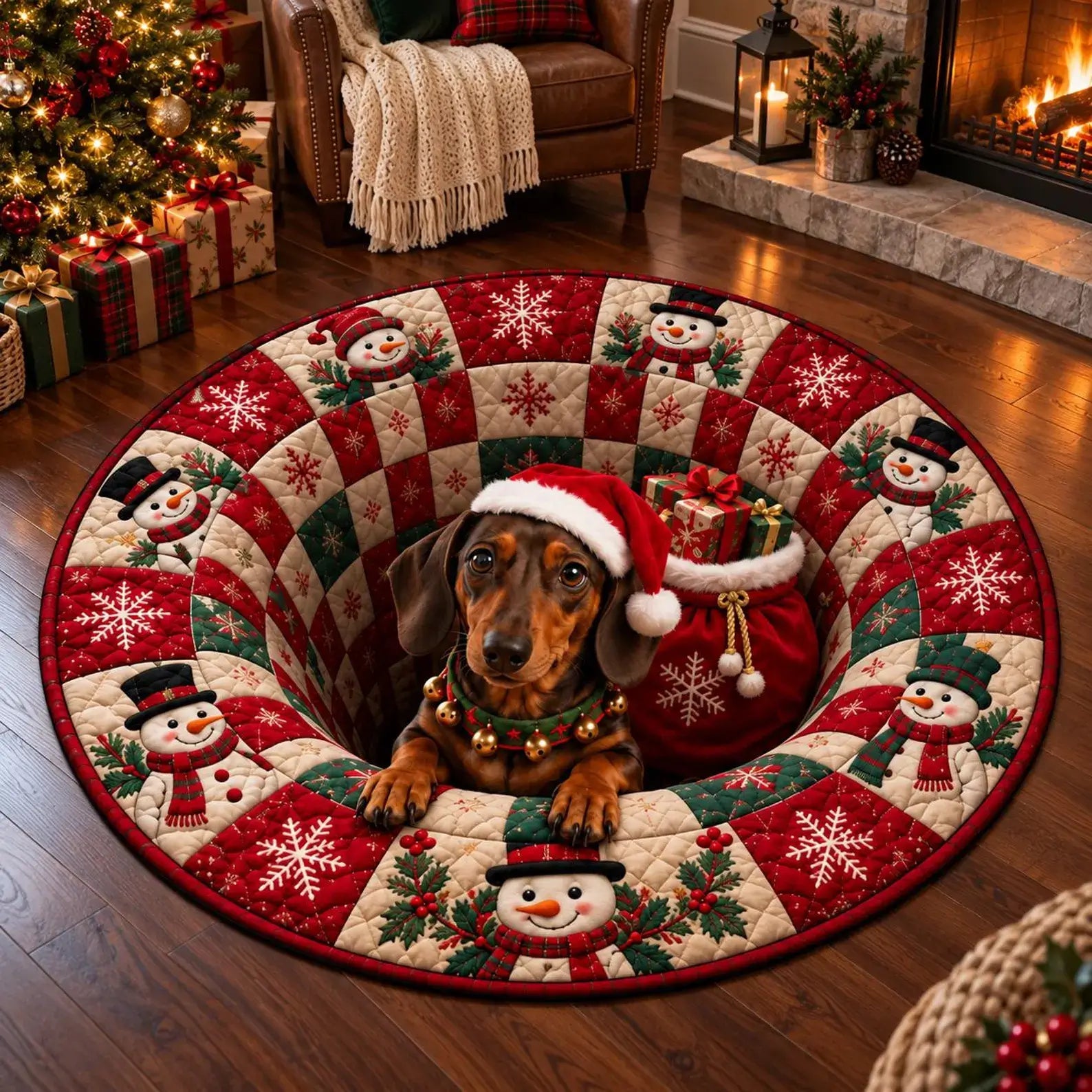 A round Christmas tree skirt with a quilted pattern of snowmen, snowflakes, and holly, shown on a wooden floor in a cozy living room with a dachshund sitting inside the center.
