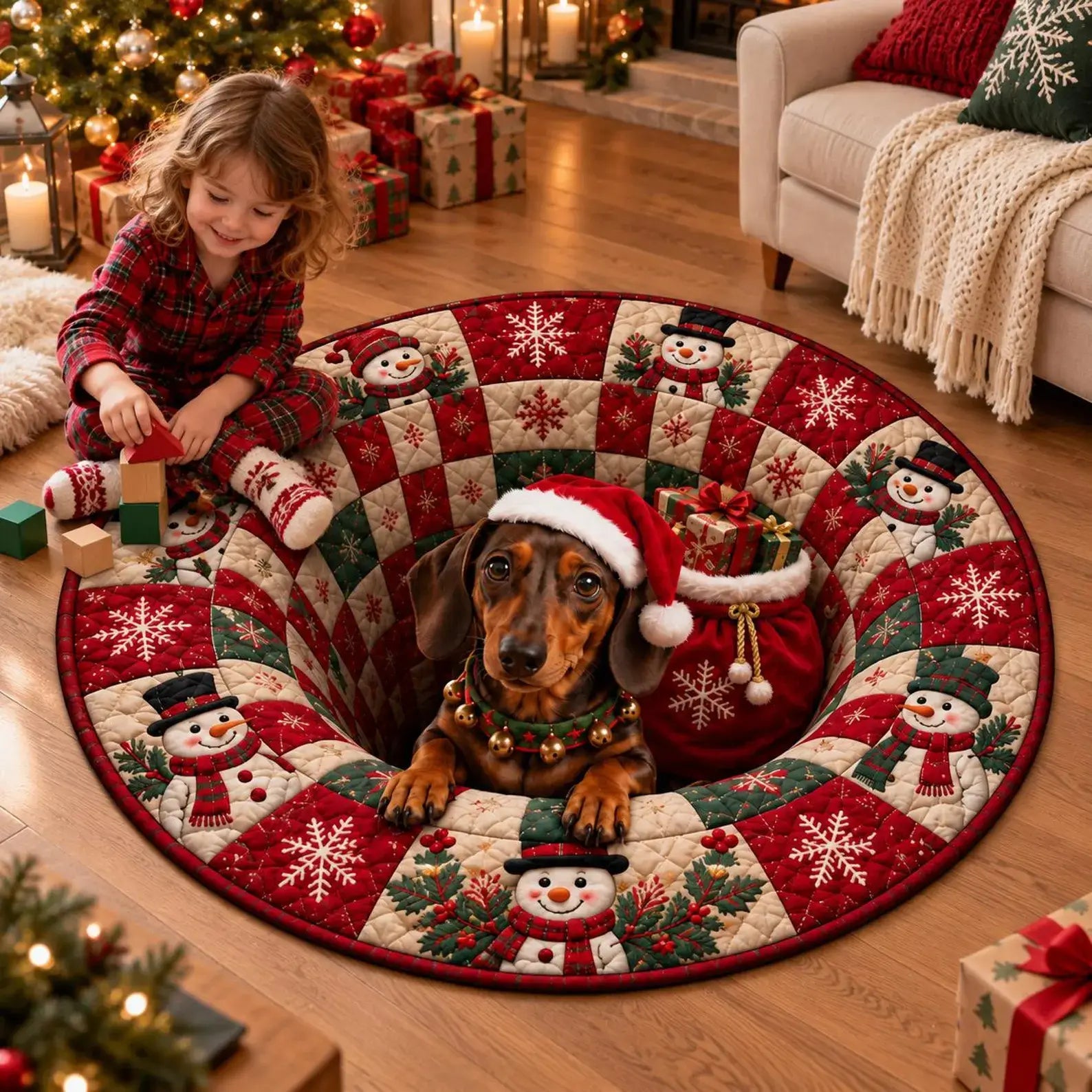 A round Christmas tree skirt with a quilted snowman pattern sits on a wooden floor in a cozy living room. A young girl in red pajamas sits to the left, and a dachshund wearing a Santa hat sits in the center of the skirt next to a red holiday sack.