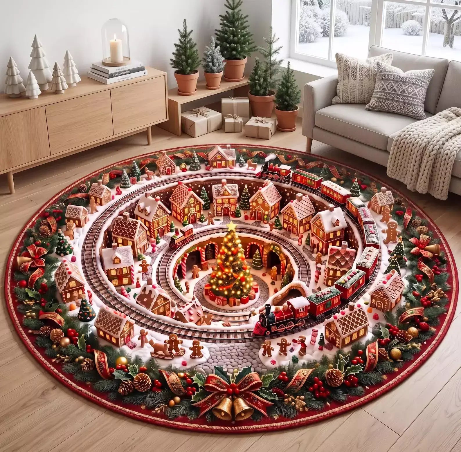 A large round Christmas-themed area rug displayed in a cozy living room. The rug features a detailed 3D design of a gingerbread village with a train, decorated houses, pine trees, and a central Christmas tree, all illuminated with warm lights.