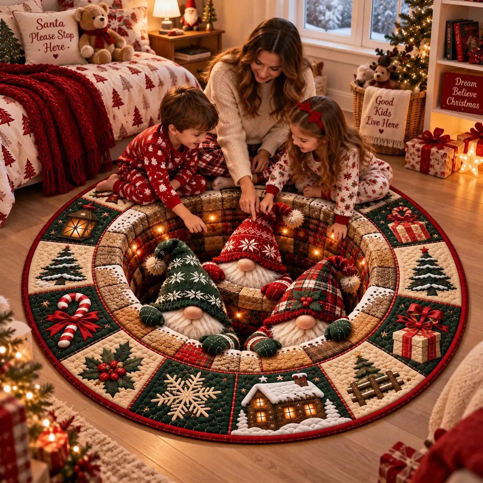 A large round Christmas-themed area rug is shown in a cozy living room with three children and an adult sitting on the floor around it. The rug features a circular design with a central gnome scene and seasonal border motifs including snowflakes, candy canes, Christmas trees, and gift boxes.