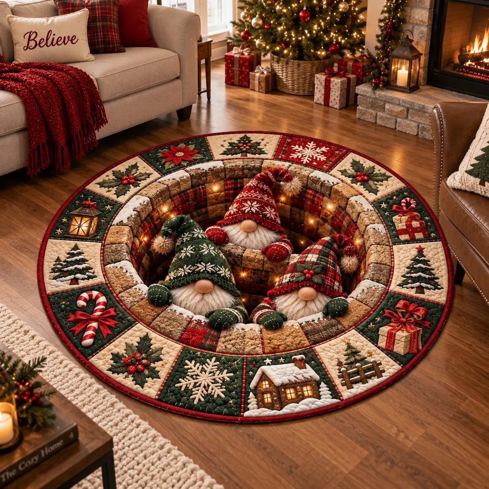 A round Christmas-themed area rug with a quilted patchwork design, featuring two gnome figures in the center and holiday motifs around the border, shown in a cozy living room setting.
