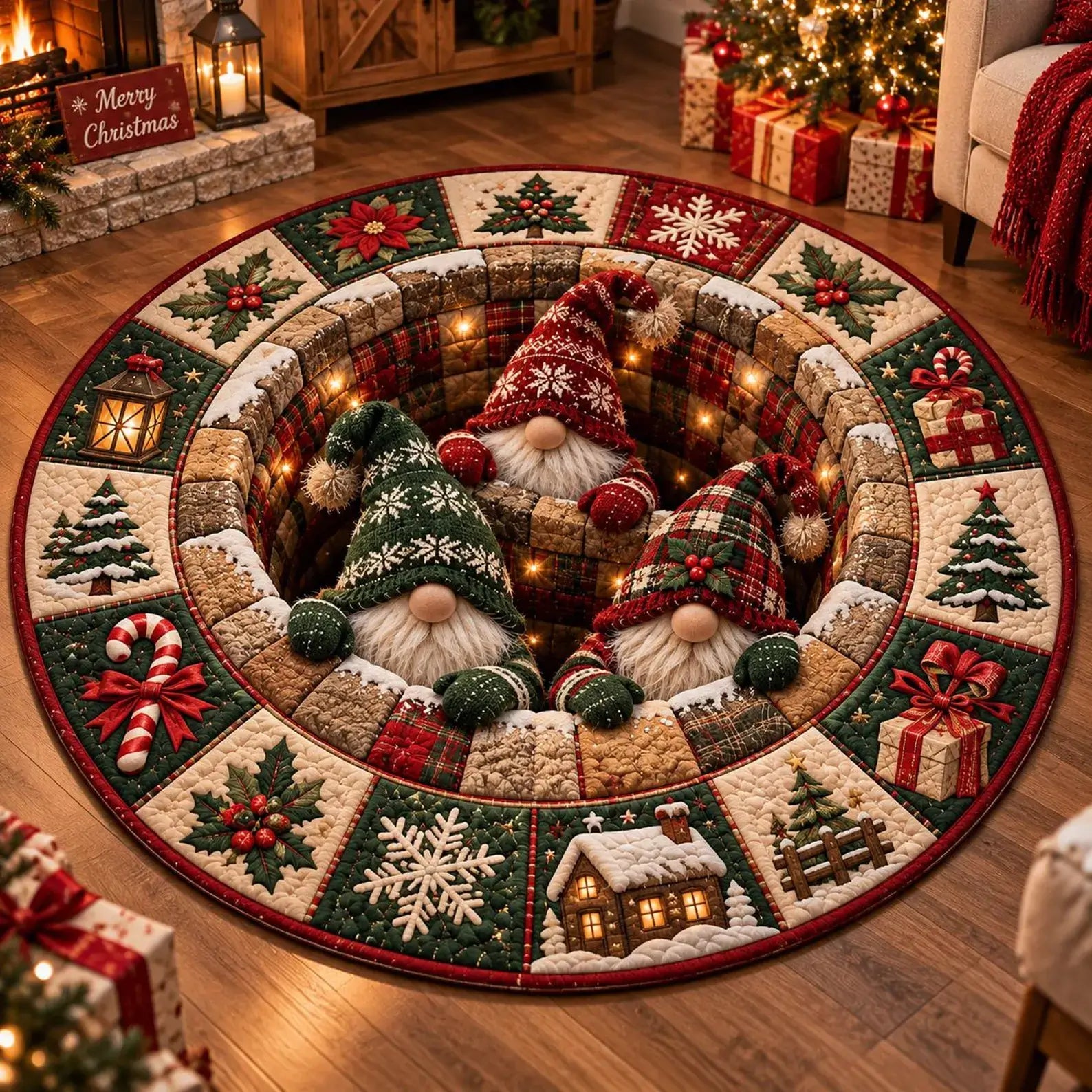 A round Christmas-themed area rug displayed on a wooden floor in a cozy living room setting. The rug features a patchwork design with winter motifs like snowflakes, candy canes, Christmas trees, and a small cabin, surrounding two gnomes sitting inside a circular pit with warm fairy lights.