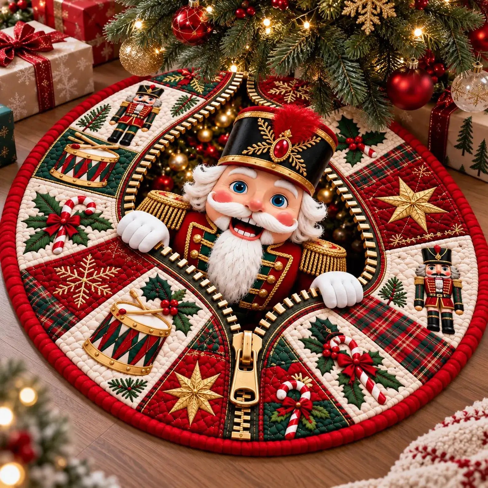 A round Christmas tree skirt styled under a decorated Christmas tree, featuring a central nutcracker figure peeking out from a zipper-like design with holiday motifs including plaid, drums, holly, candy canes, and gold stars.