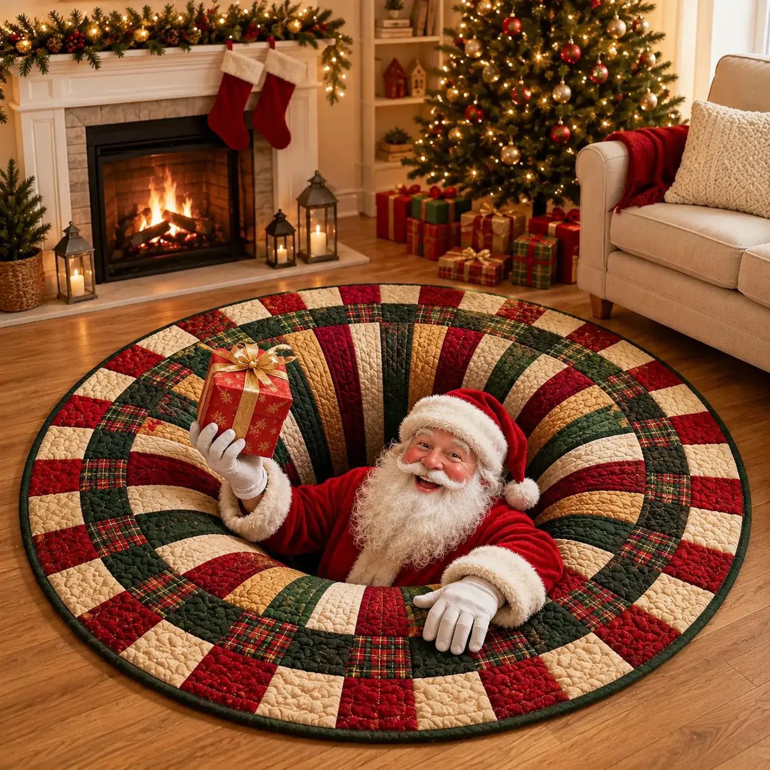 A round Christmas-themed rug with a red, green, and cream patchwork design, shown in a cozy living room with a fireplace, stockings, and a decorated tree. A Santa Claus figure emerges from the center of the rug, holding a wrapped gift.