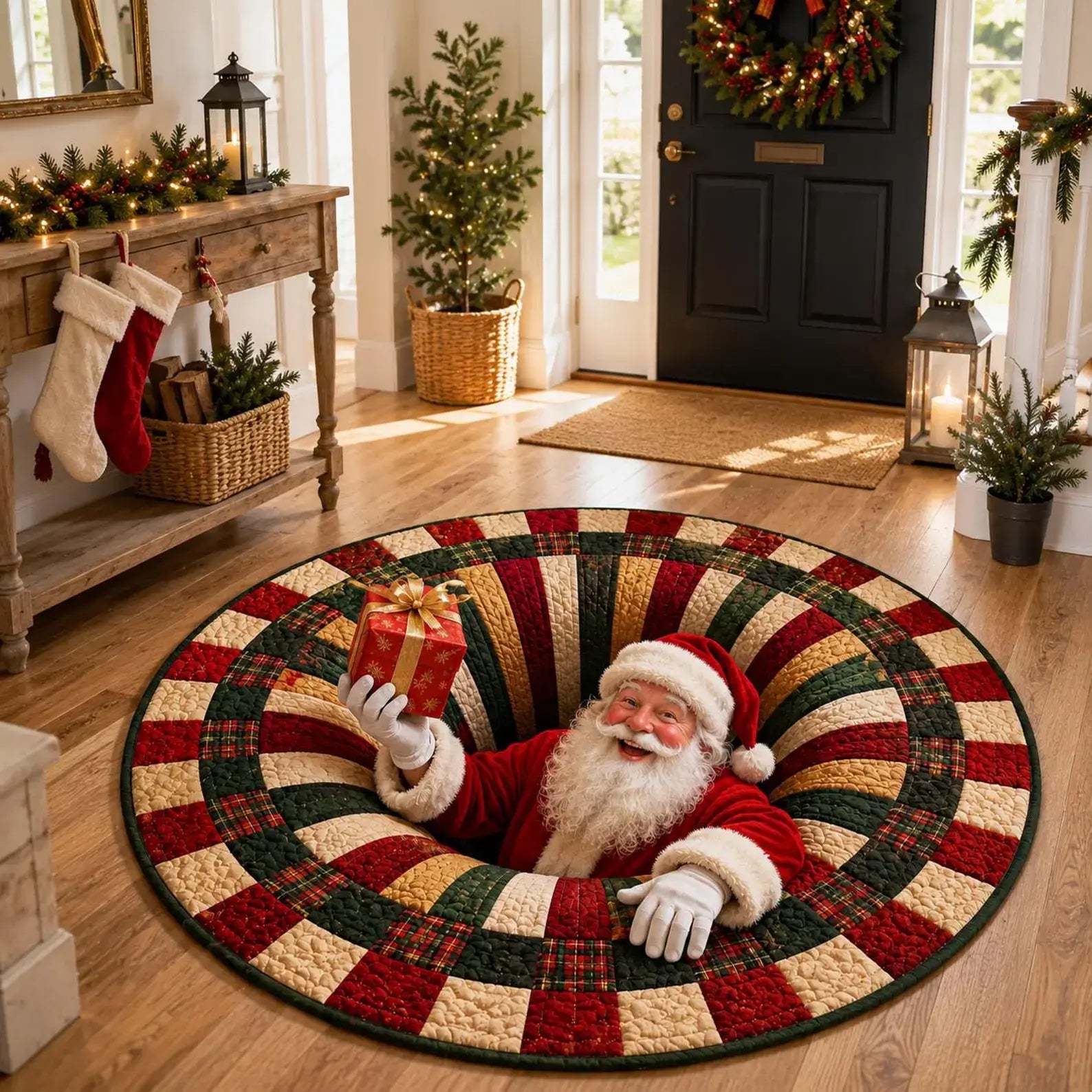A round Christmas-themed rug with a spiral plaid pattern in red, green, and cream, shown in a decorated holiday entryway with Santa Claus emerging from the center holding a gift box.