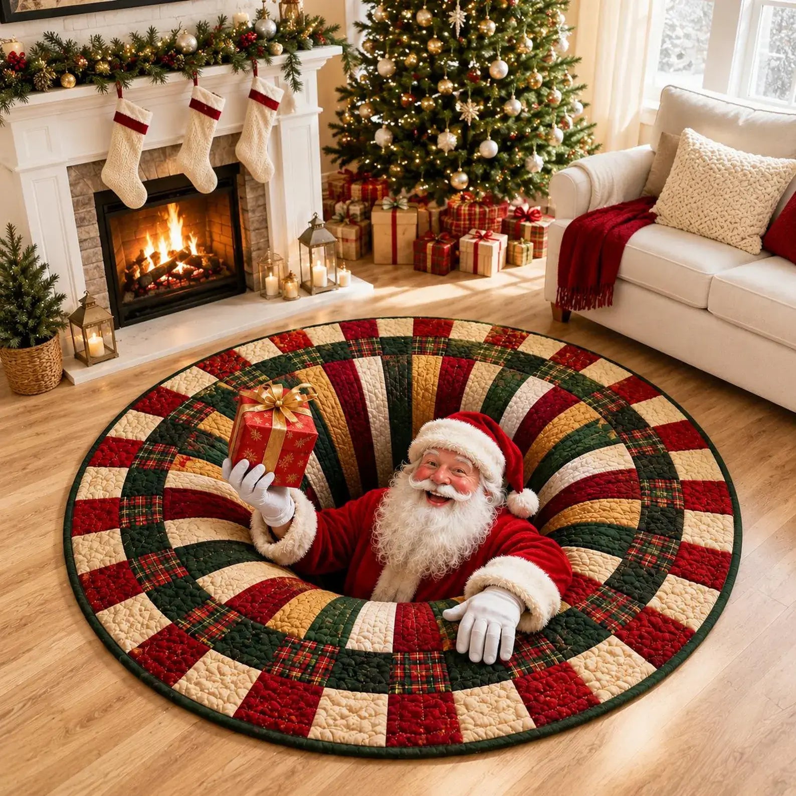 A round Christmas-themed rug with a plaid and quilted patchwork design in red, green, beige, and brown tones. A person dressed as Santa Claus is emerging from the center of the rug, holding a wrapped gift, in a decorated living room with a fireplace, stockings, and a Christmas tree.