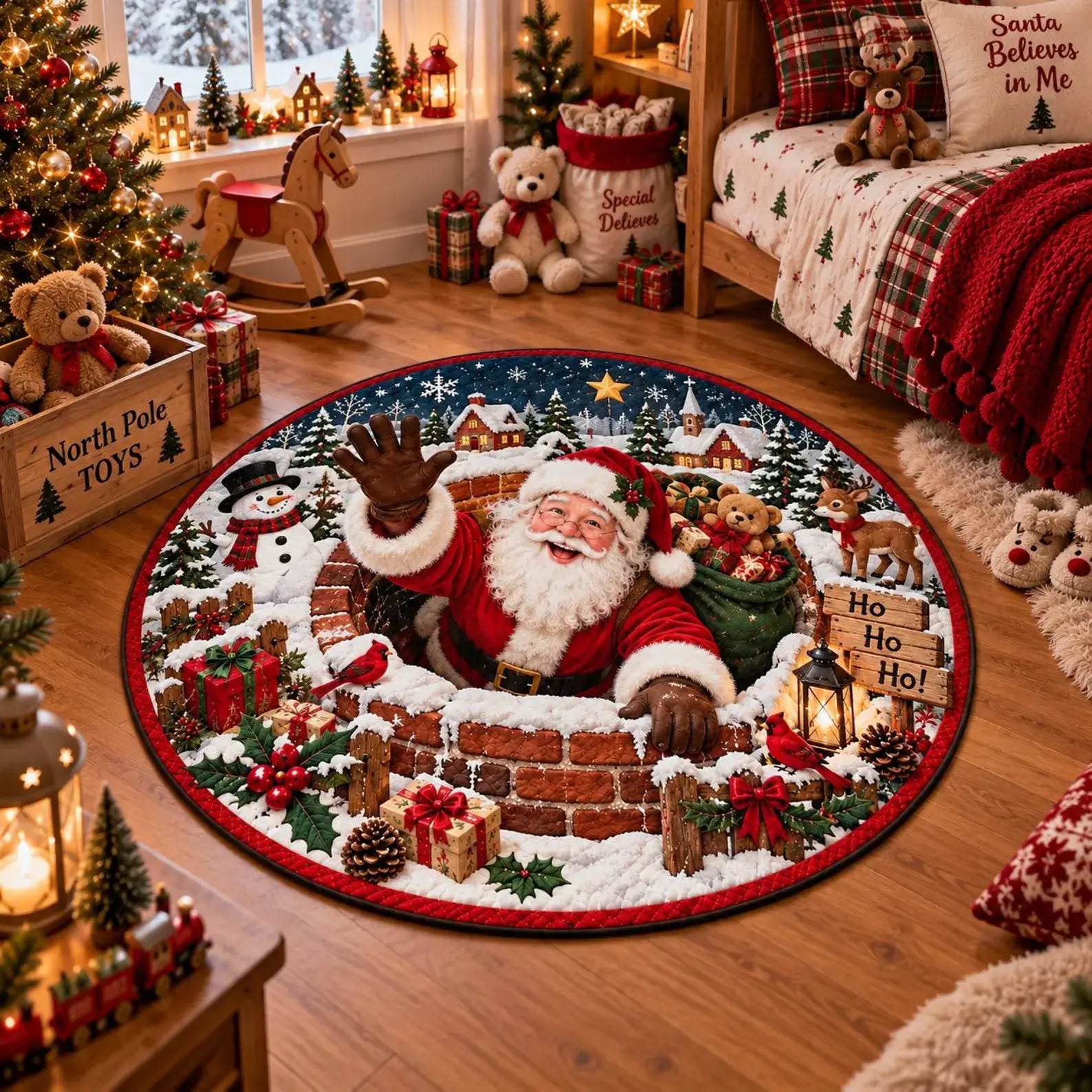 A round Christmas-themed area rug featuring Santa Claus sitting in a snowy brick fireplace with a snowman, trees, gifts, and holiday decorations, shown in a cozy decorated bedroom setting.