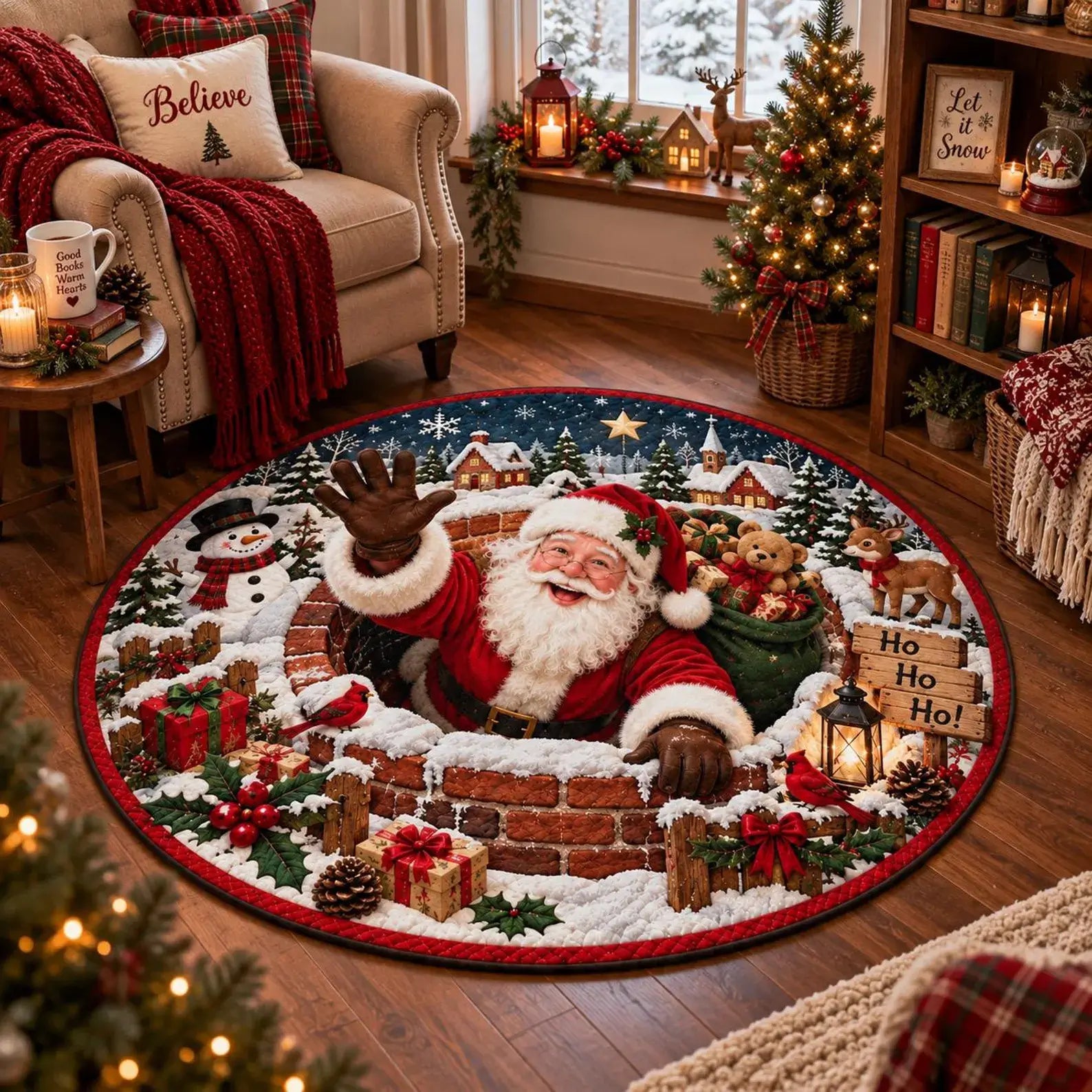 A round Christmas-themed area rug featuring Santa Claus rising from a brick fireplace with a snowy village scene, displayed on a wooden floor in a cozy decorated living room.