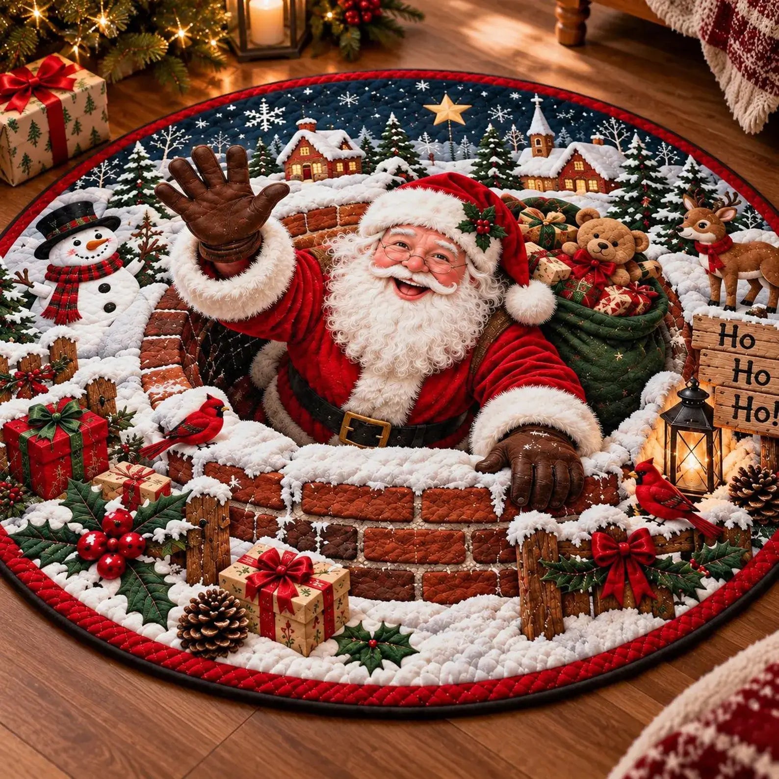 A round Christmas-themed needlepoint canvas featuring Santa Claus waving from inside a snowy brick chimney, surrounded by holiday decorations including a snowman, gifts, teddy bears, a deer, and a 'Ho Ho Ho' sign, shown on a wooden floor.