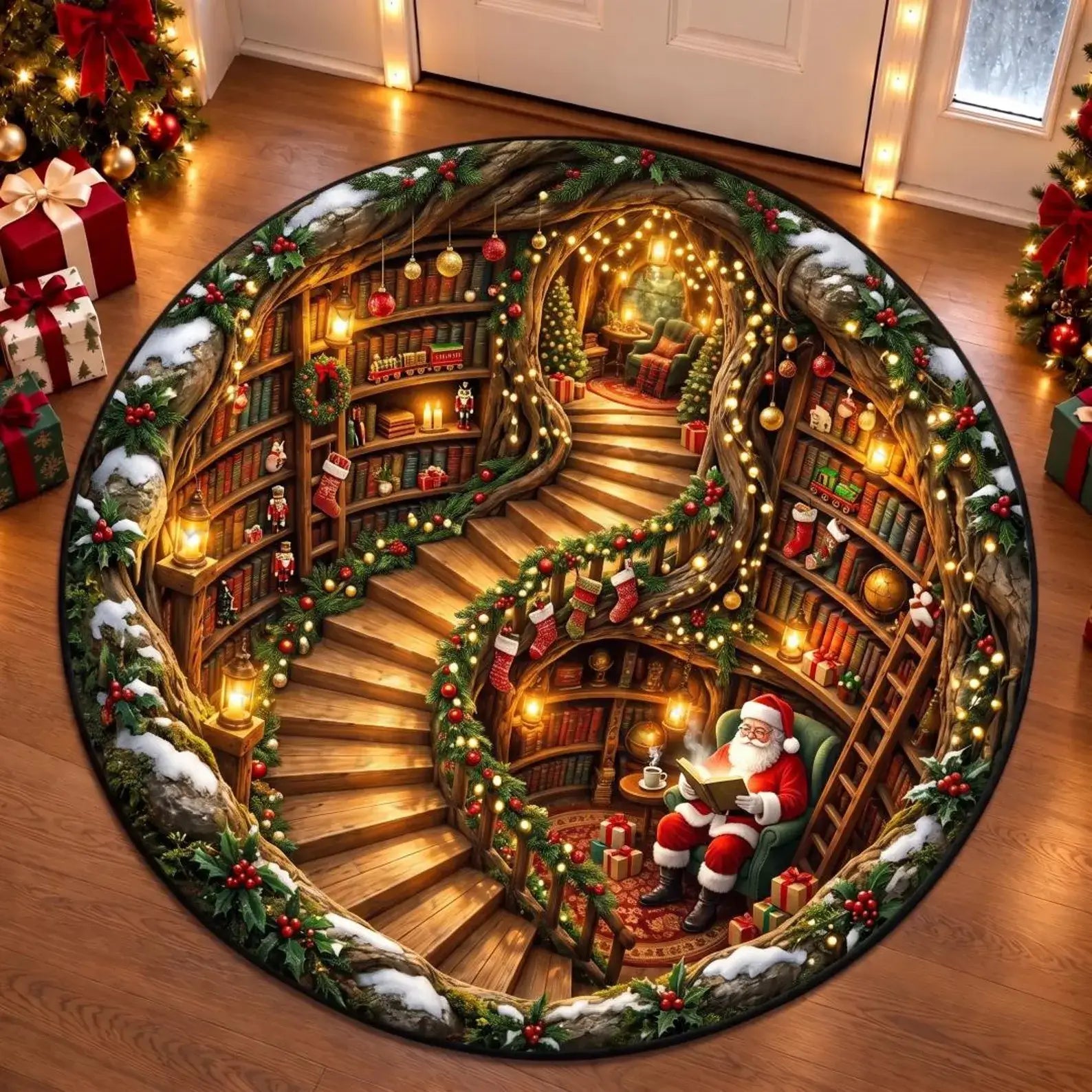 A round Christmas-themed area rug displayed on a wooden floor in a decorated home setting. The rug features a detailed illustration of a spiral staircase inside a cozy, snow-dusted library with shelves of books, glowing string lights, green garlands, and Santa Claus sitting in a chair reading a book.