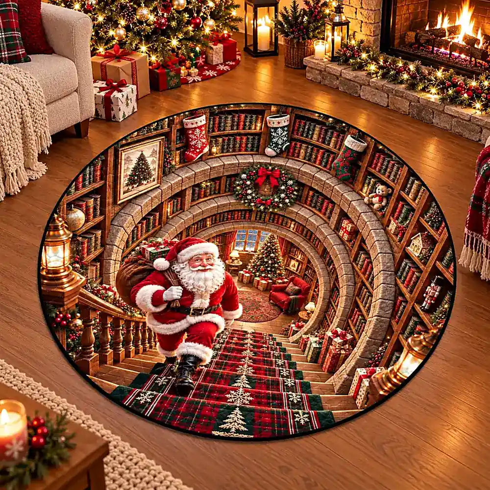 Christmas Santa With Library Round Rug - C057