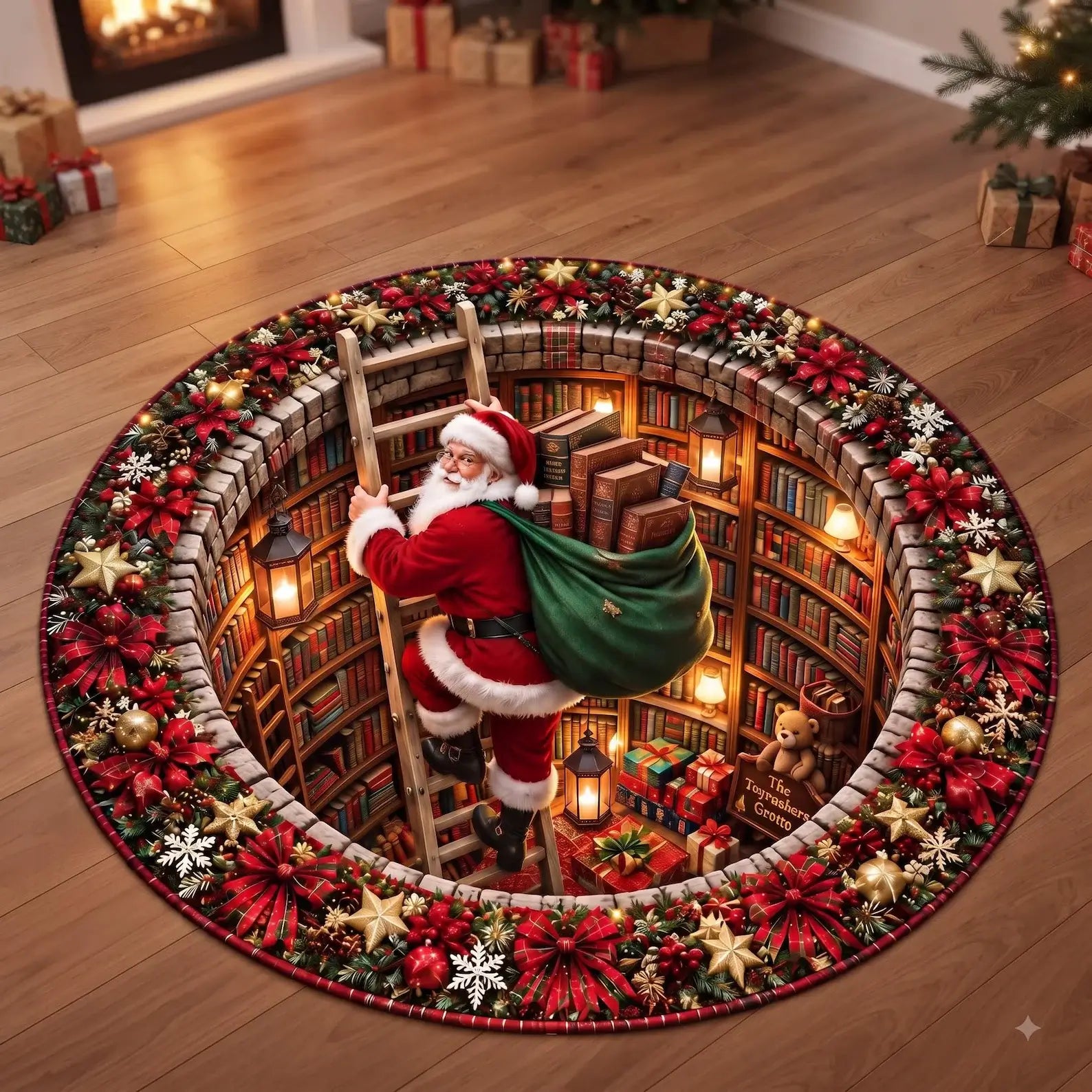 A round Christmas-themed area rug displayed on a wooden floor in a cozy living room setting. The rug features a detailed illustration of Santa Claus climbing a ladder into a glowing, book-filled library, surrounded by a festive wreath border with red poinsettias, gold stars, and snowflakes.