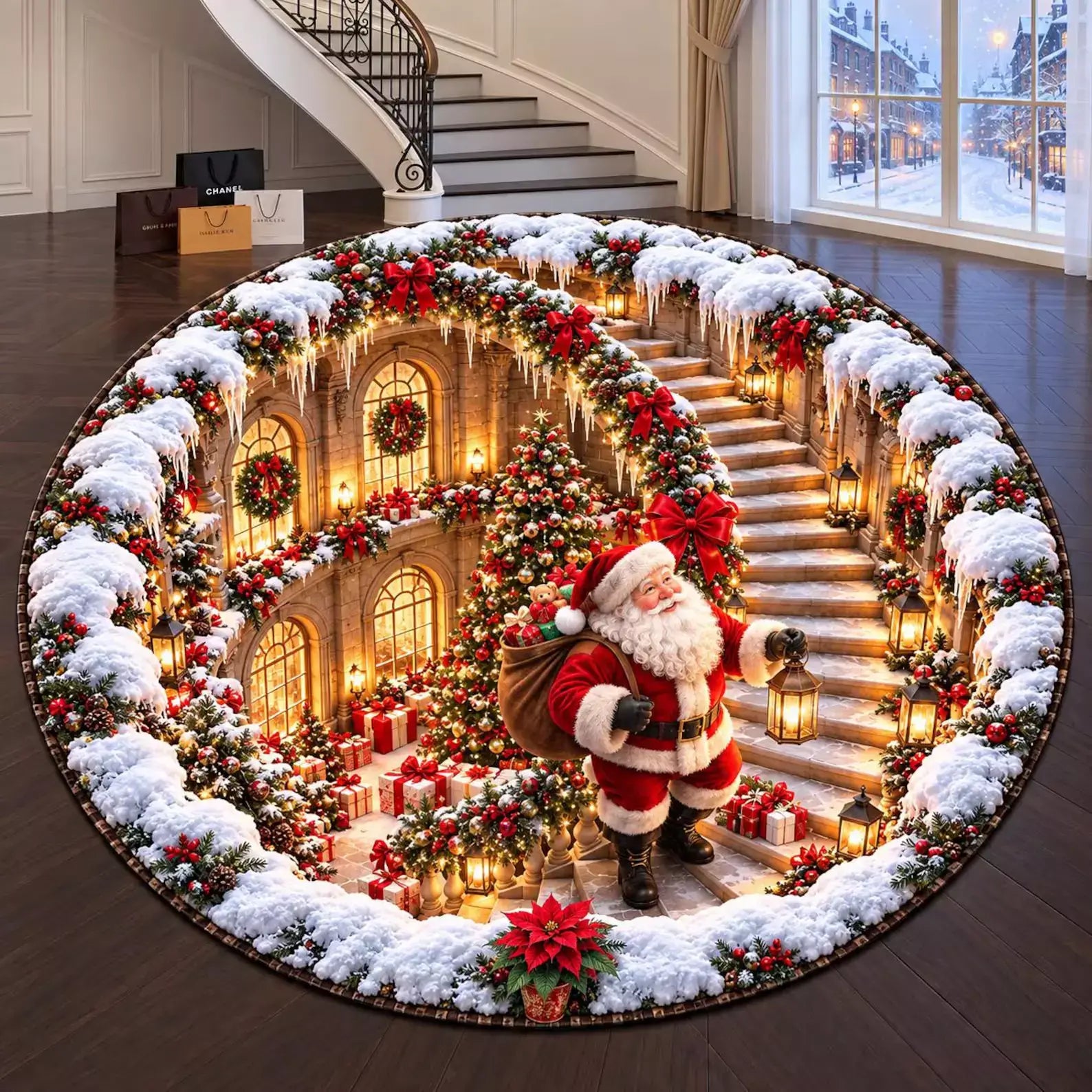 A large round area rug featuring a detailed Christmas scene with Santa Claus on snowy stairs, holiday garlands, lanterns, gifts, and arched windows, shown placed on a dark wood floor in a modern interior.