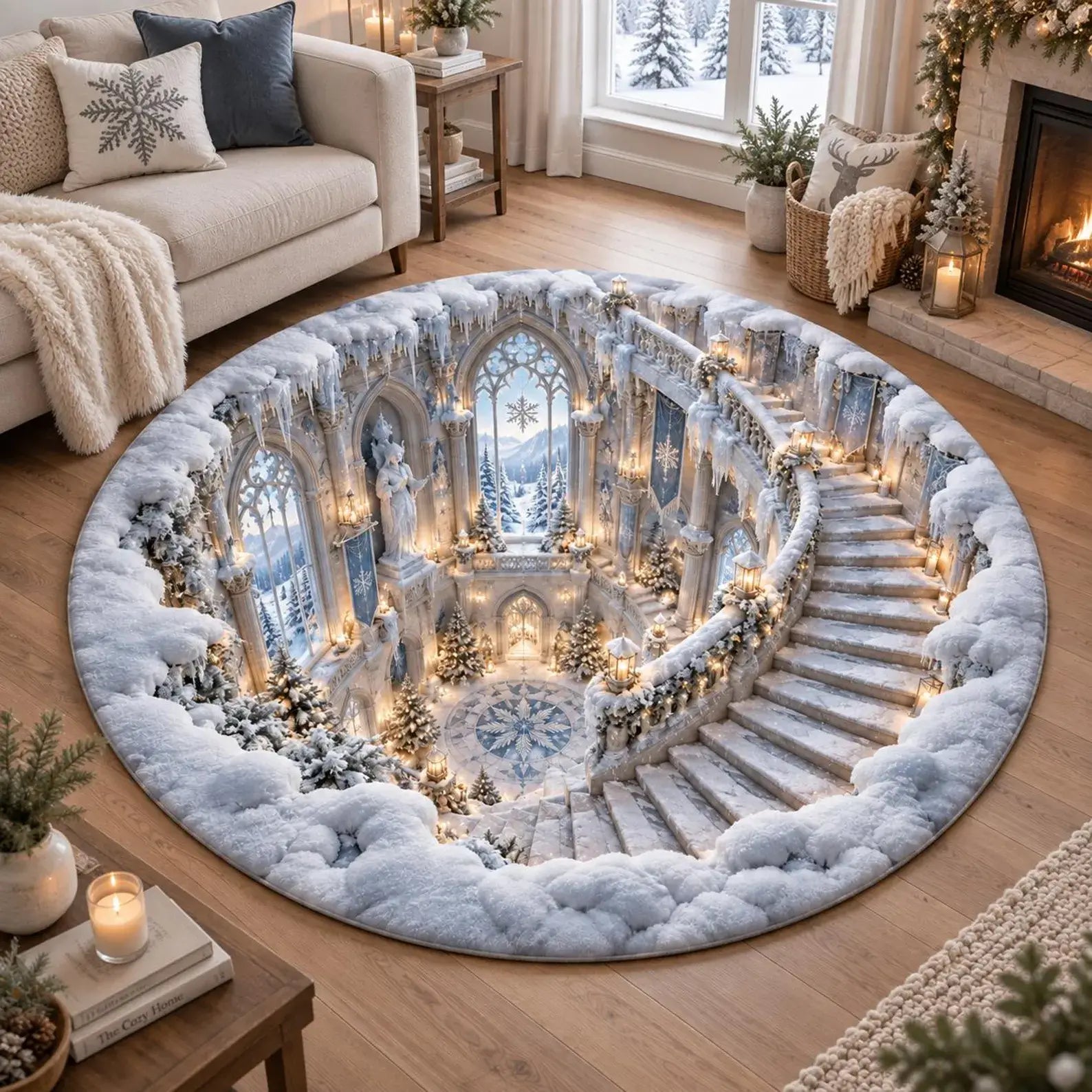A round area rug featuring a detailed winter fantasy scene of a snowy cathedral interior with glowing windows, draped snow, and winding stairs, shown on a wooden floor in a cozy living room setting.