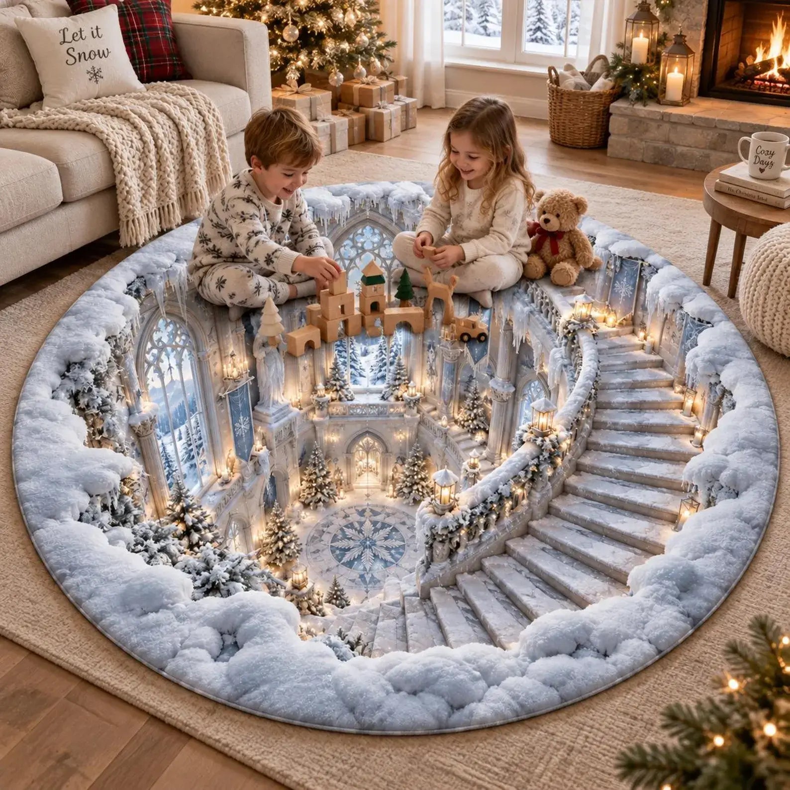 A large round Christmas-themed play rug displayed in a cozy living room. Two children are sitting on the snowy castle landscape, playing with small wooden toy houses and figurines.