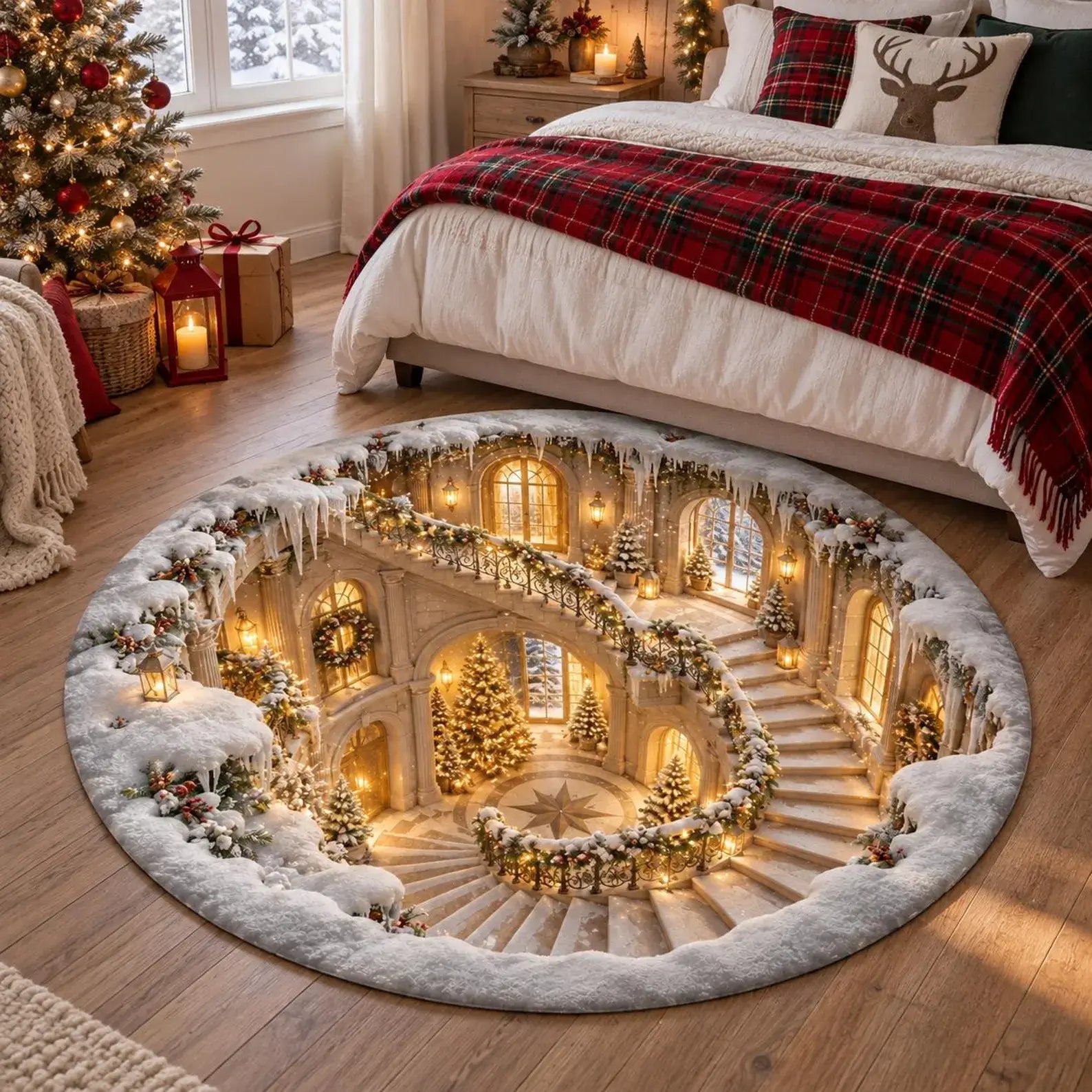 A round area rug featuring a detailed 3D-style printed design of a snowy grand staircase interior with warm glowing lights and decorated Christmas trees, shown on a wooden floor in a decorated bedroom next to a bed with a red plaid blanket.