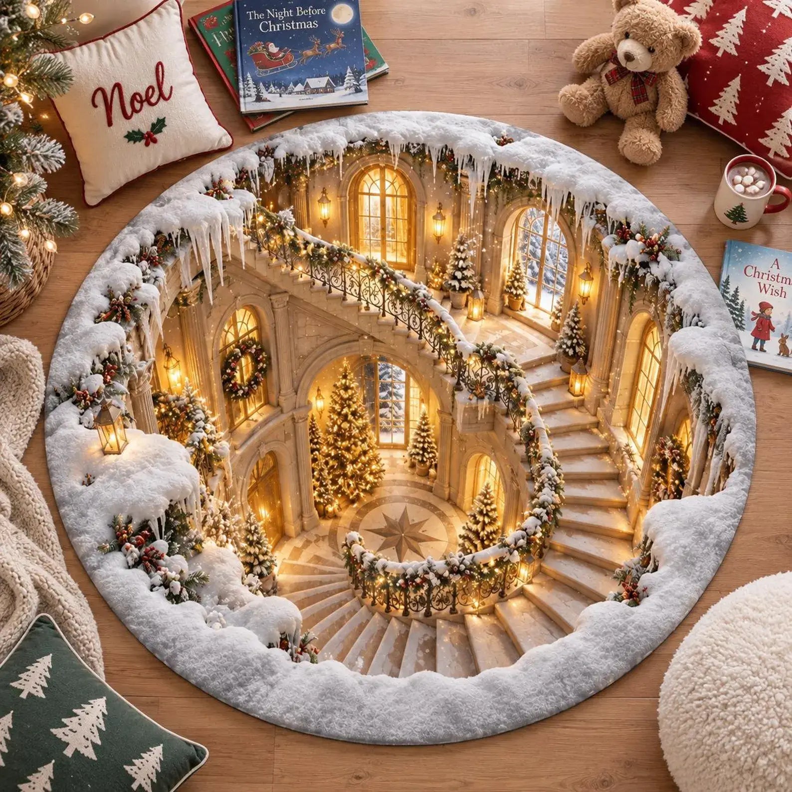 A round Christmas-themed area rug featuring a detailed illustration of a snowy grand staircase interior with lit windows, decorated trees, wreaths, and icicles, styled on a wooden floor with holiday pillows, books, a teddy bear, and a mug.