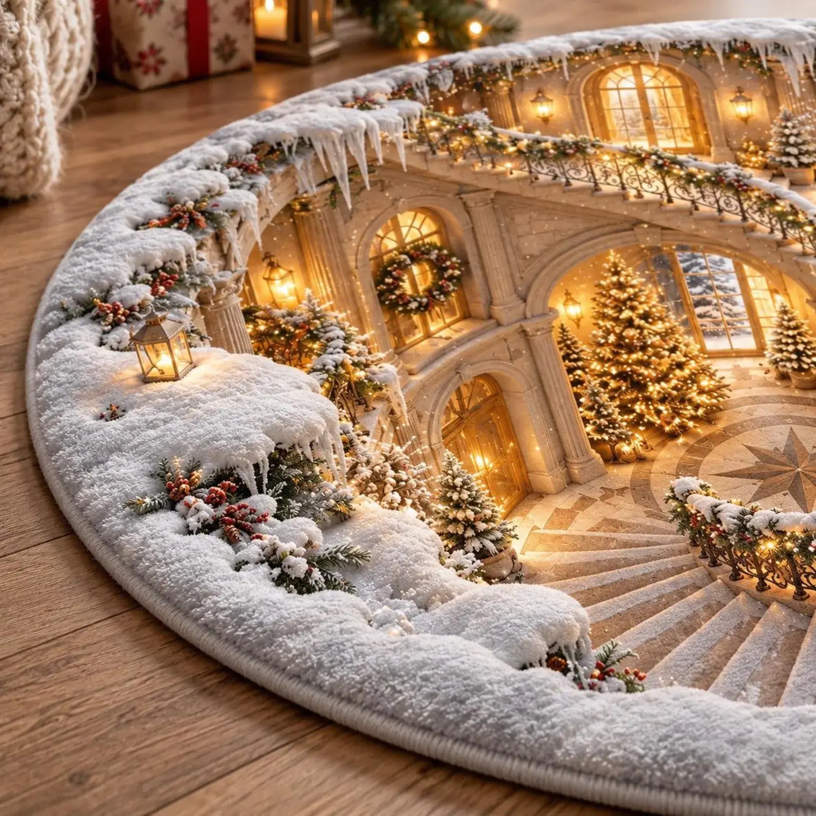 A round Christmas-themed area rug featuring a snowy grand staircase courtyard scene with lit trees, wreaths, lanterns, and icicles, shown on a wooden floor in a cozy holiday setting.