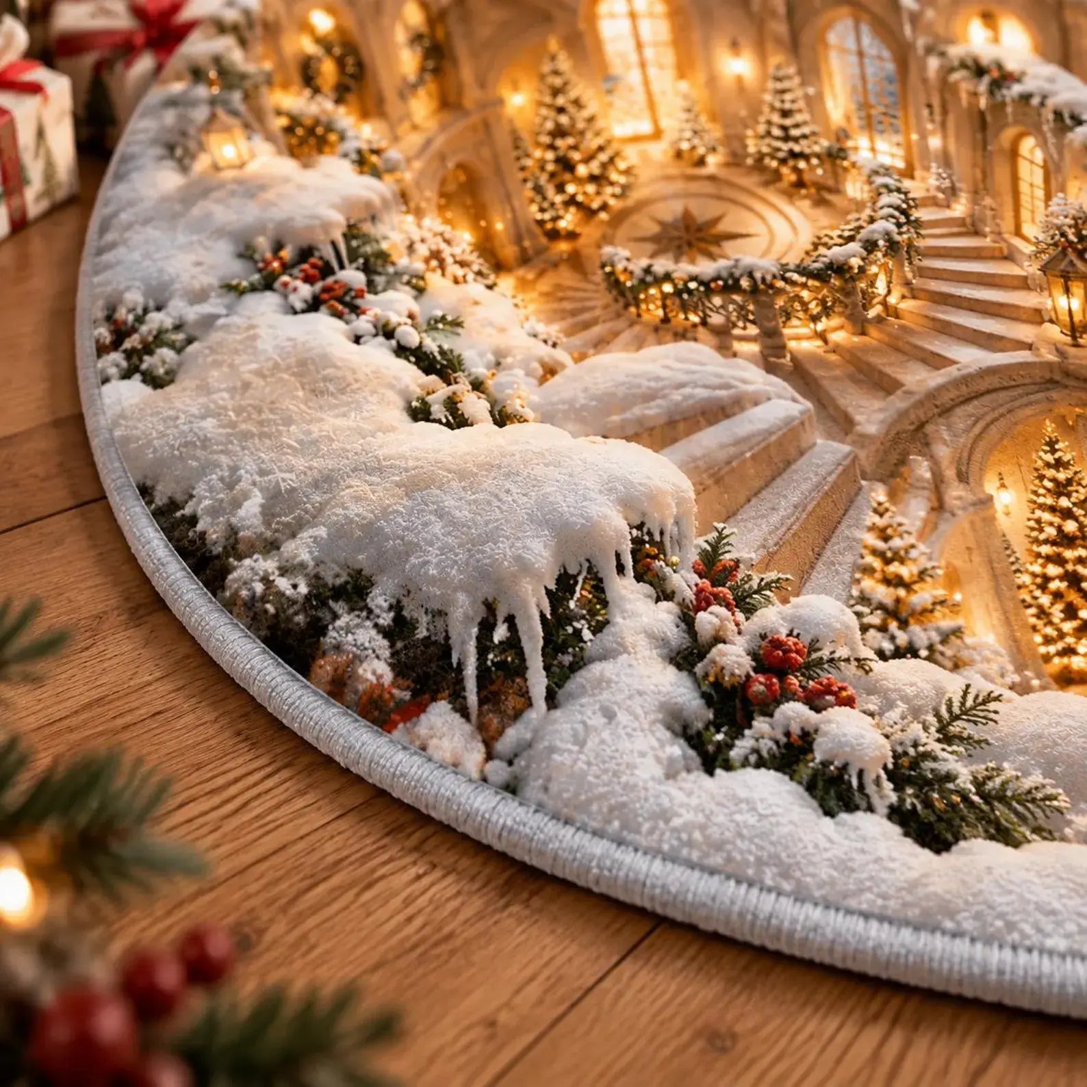 A festive round Christmas tree skirt styled with faux snow, icicles, evergreen branches, and red berries, shown on a wooden floor with a warm, decorated holiday scene in the background.