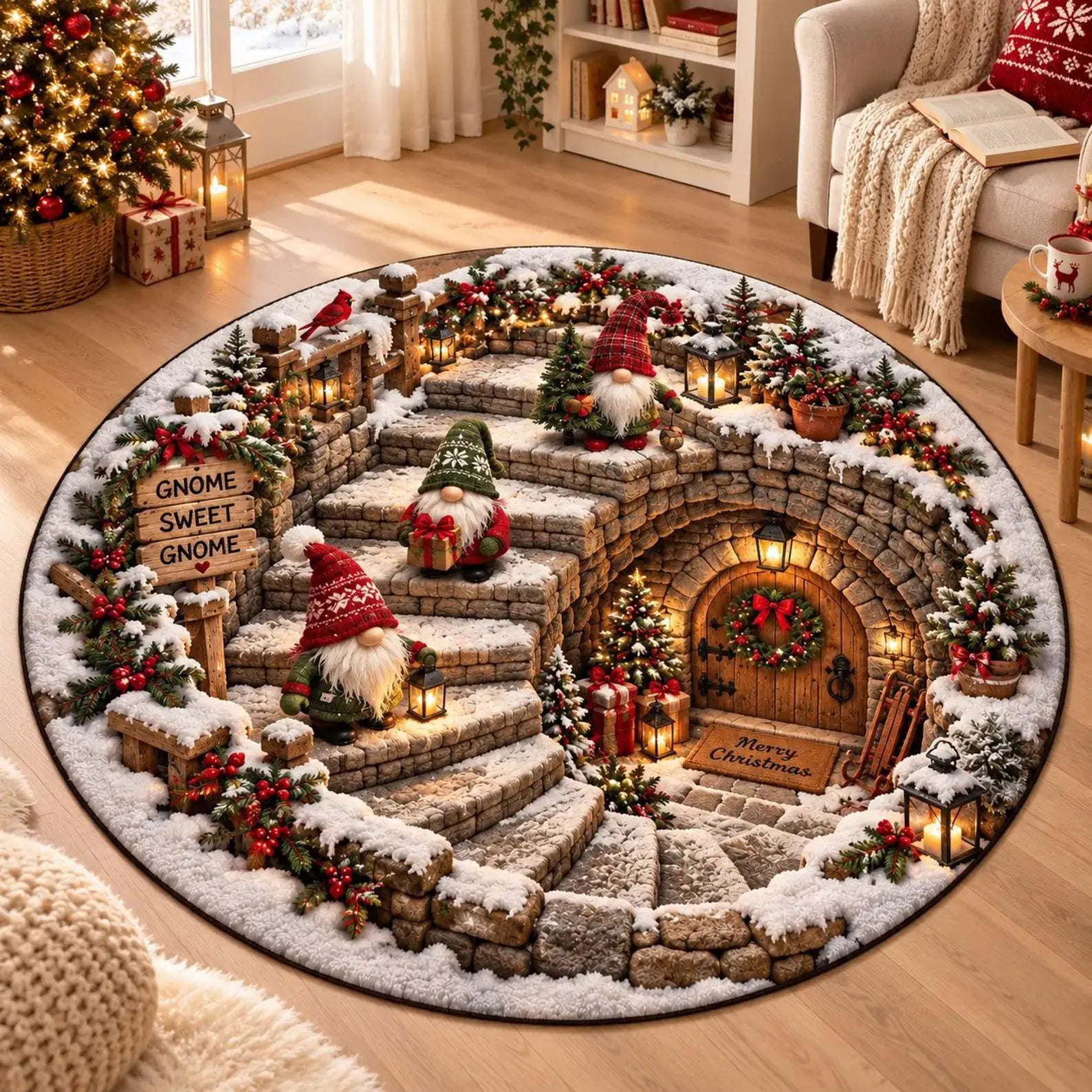 A round Christmas-themed area rug displayed on a wooden floor in a cozy living room. The rug features a detailed winter village scene with stone steps, snow, evergreen trees, red and green gnomes, and warm glowing lanterns.
