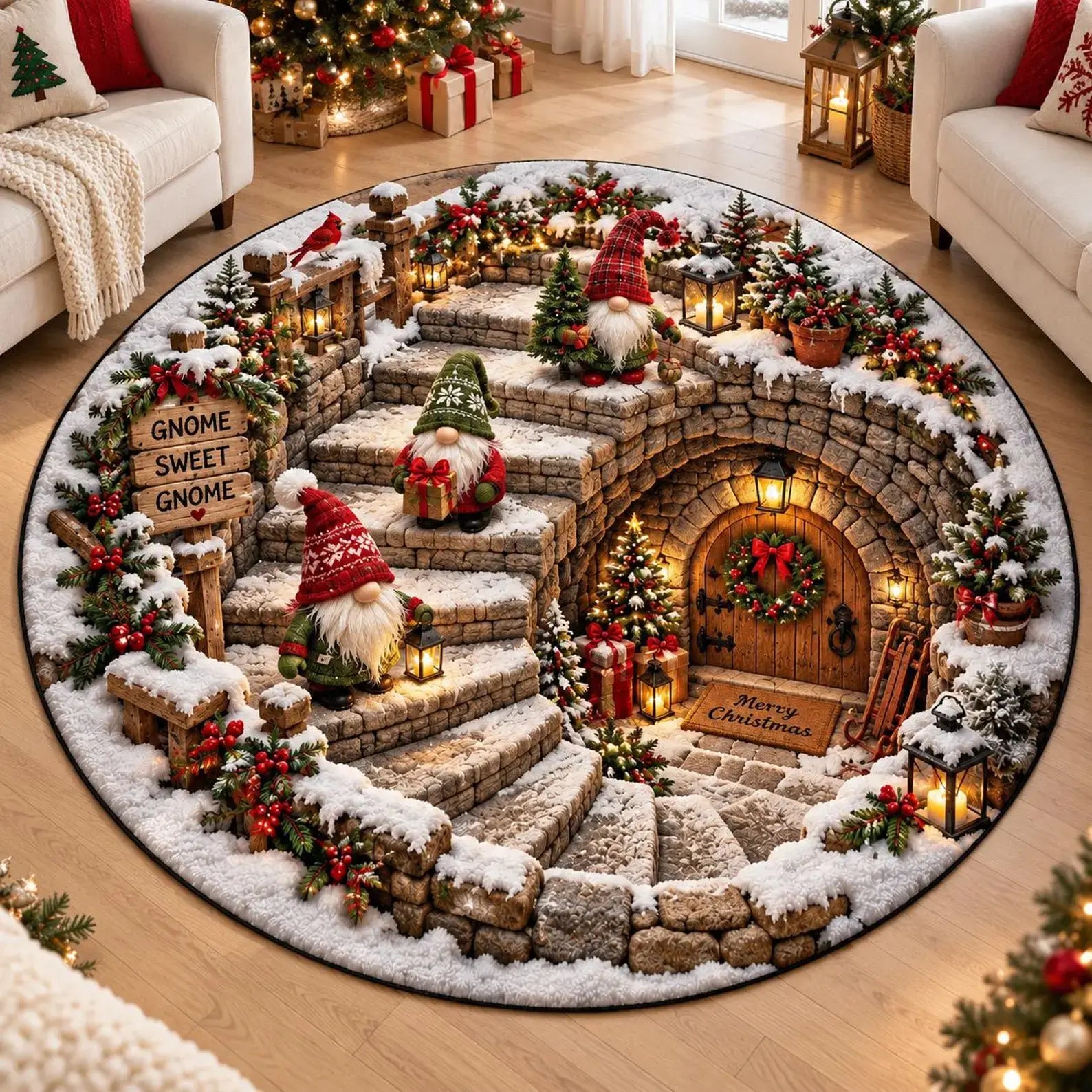 A round Christmas-themed area rug displayed on a wooden floor in a cozy living room. The rug features a detailed illustration of a snowy staircase leading to a wooden door, decorated with gnomes, evergreen trees, red berries, lanterns, and gift boxes.