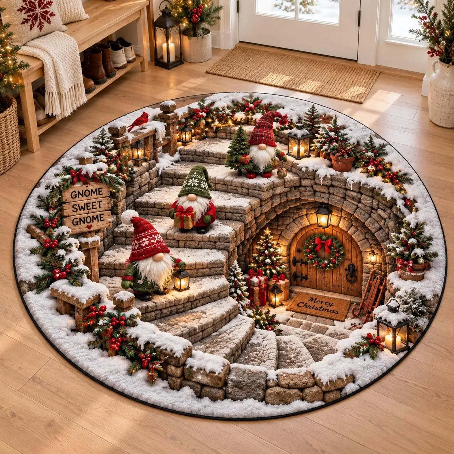 A round Christmas-themed area rug displayed on a light wood floor in a cozy living room. The rug features a detailed winter village scene with stone steps, snow-covered trees, red and green gnomes, and a glowing arched doorway with a wreath and lanterns.
