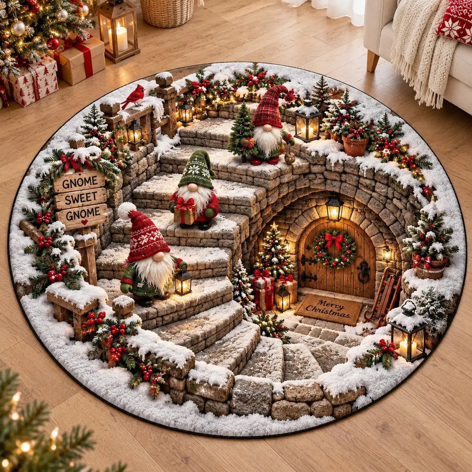 A round Christmas-themed area rug displayed on a wooden floor in a cozy living room. The rug features a detailed winter village scene with snow-covered stone stairs, gnomes, evergreen trees, lanterns, and a wooden door decorated with a wreath.