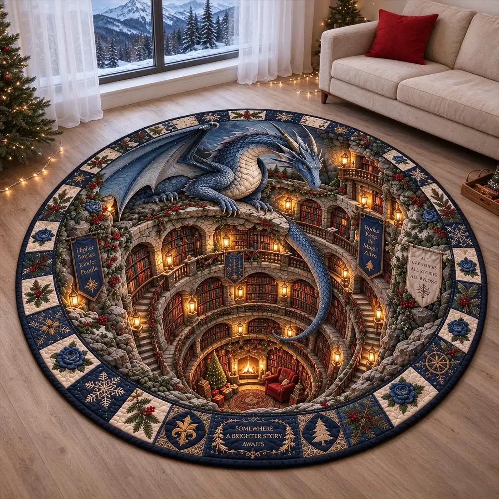 A round area rug featuring a detailed fantasy illustration of a blue dragon soaring over a grand library with warm glowing bookshelves, shown on a light wood floor in a cozy living room setting.