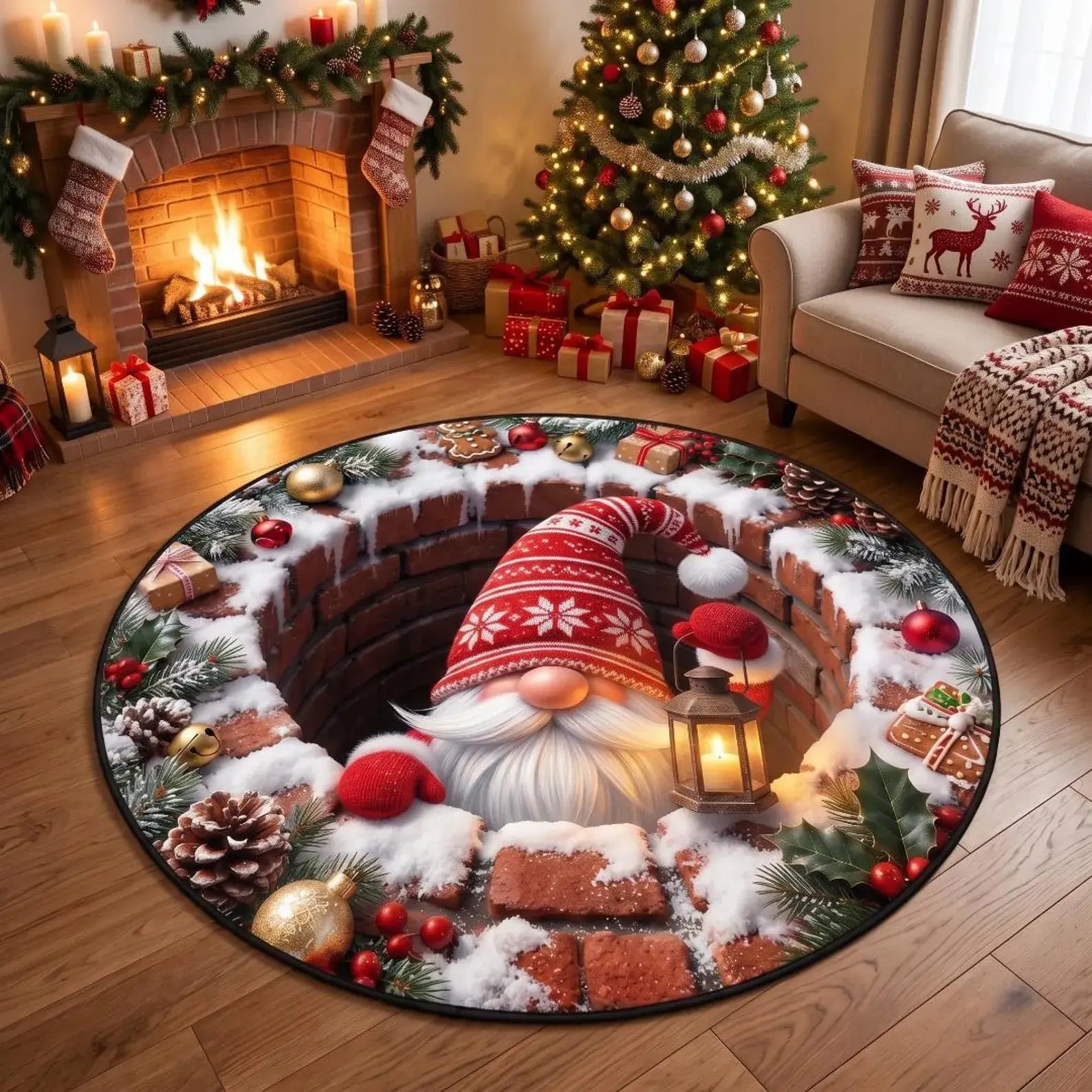 A round Christmas-themed area rug featuring a gnome emerging from a snowy well, displayed on a wooden floor in a cozy living room with a fireplace, decorated tree, and sofa.