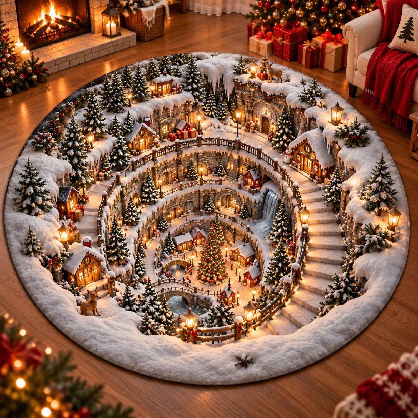 A round area rug featuring a detailed Christmas village scene with snow-covered cabins, glowing warm lights, evergreen trees, and winding stairways, displayed on a wooden floor in a cozy holiday room setting.