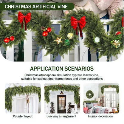 Christmas artificial vine with red bows and decorations on a white background