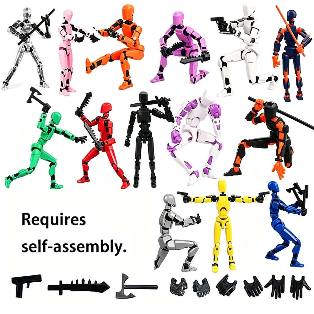Set of 12 plastic action figure mannequins in various colors and poses, shown with included black accessories (guns, swords, helmets, gloves, and a pickaxe) on a white background. Text on the image reads 'Requires self-assembly.