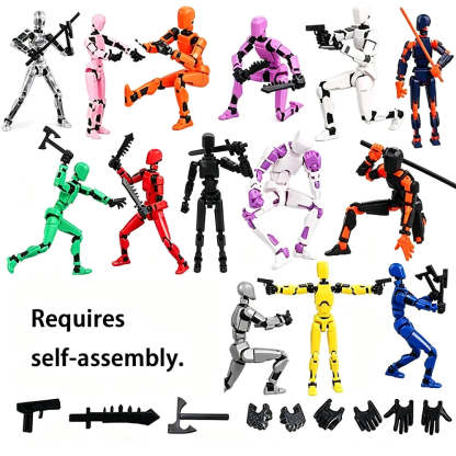 Set of 12 plastic action figure mannequins in various colors and poses, shown with included black accessories (guns, swords, helmets, gloves, and a pickaxe) on a white background. Text on the image reads 'Requires self-assembly.