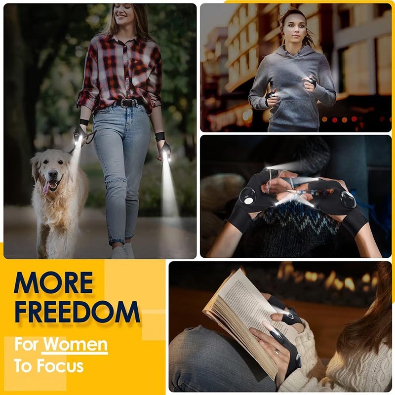 Hands-Free LED Half Finger Gloves - LED Flashlight Waterproof Gloves