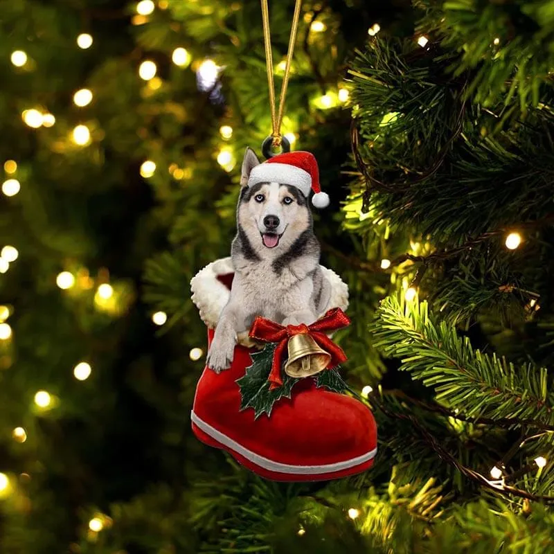 Dog In Santa Boot Christmas Ornament