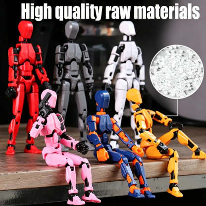 Five articulated humanoid action figures in red, gray, white, pink, blue, and yellow-orange poses on a wooden surface, with a circular inset showing white plastic beads and the text 'High quality raw materials' at the top.