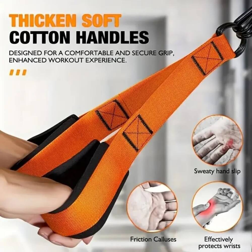 Close-up of the thickened soft cotton handles and the grip design of the resistance band set