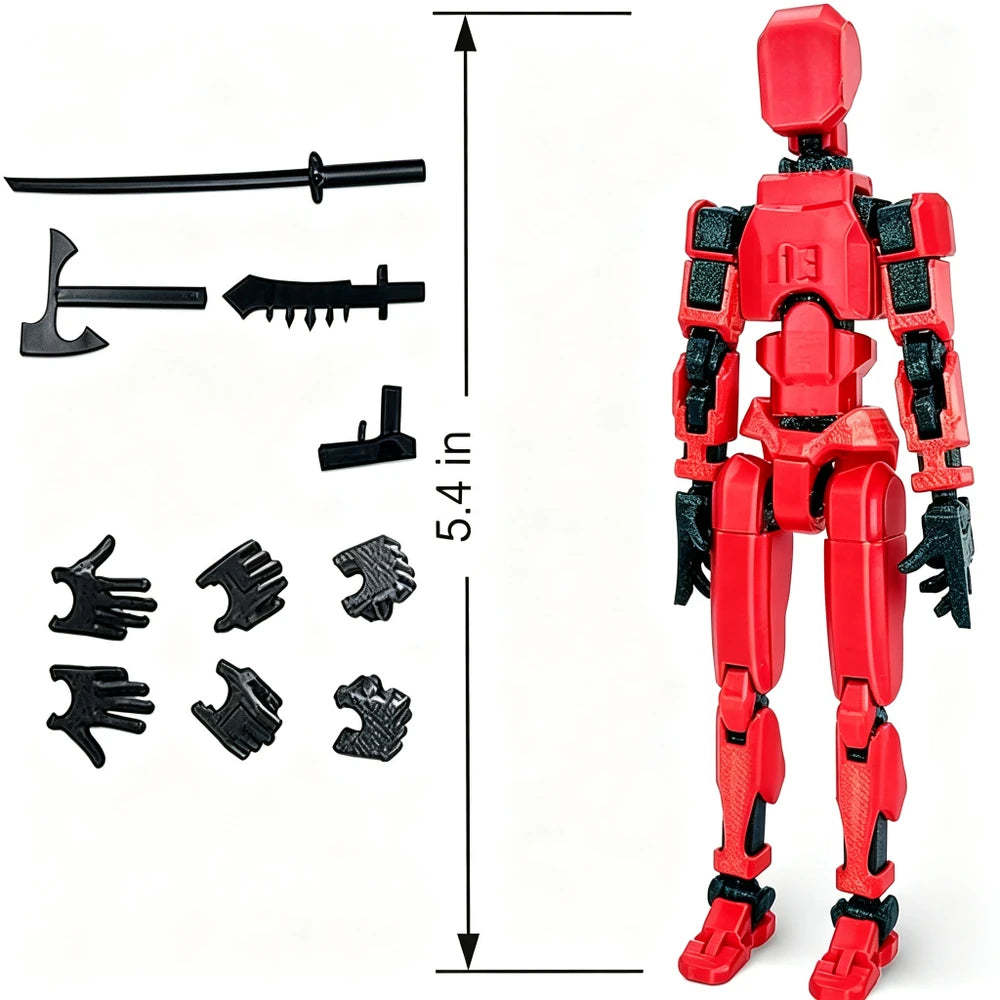 Red articulated action figure with black accessories, shown on a white background with a dimension marker indicating 5.4 inches.
