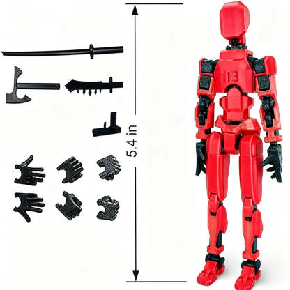 Red articulated action figure with black accessories, shown on a white background with a dimension marker indicating 5.4 inches.