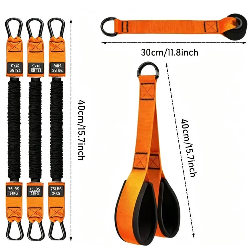 Resistance band sizes showing 75 lbs per band, band length and handle strap measurements