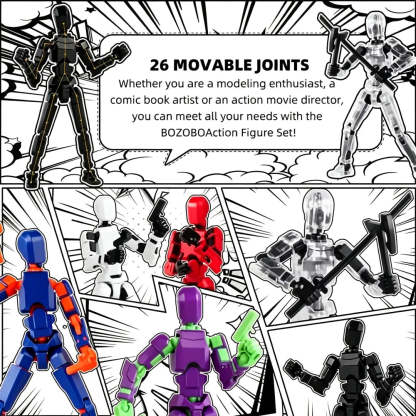 Promotional collage for a set of 26 movable action figure joints, showing multiple articulated plastic human-like figures posed in comic-style panels with text reading '26 MOVABLE JOINTS' and descriptive copy.